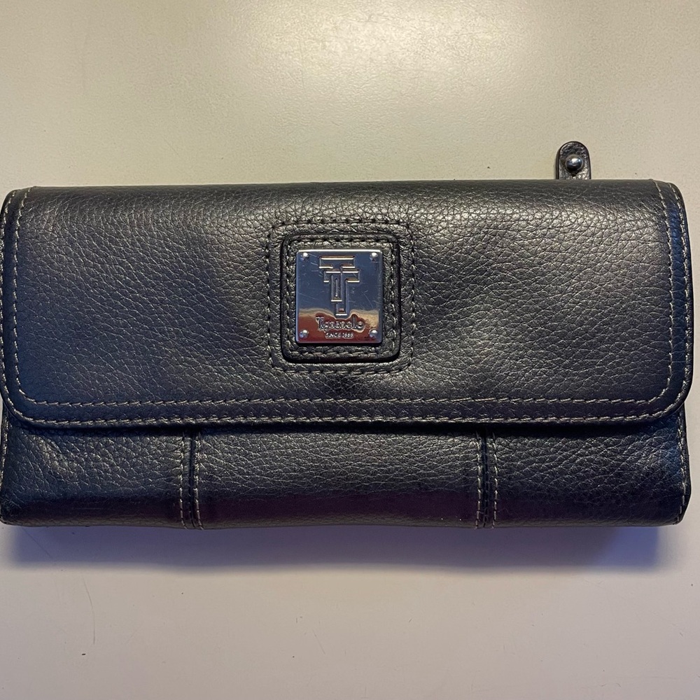 Silver/gray Tignanello wallet with snap closure and outer zip pocket.